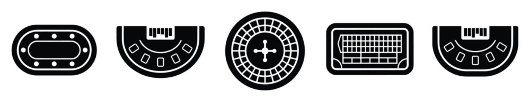 Collection of casino gambling table and wheel icons perfect for illustrating gaming themes, entertainment venues, or digital applications requiring classic game elements