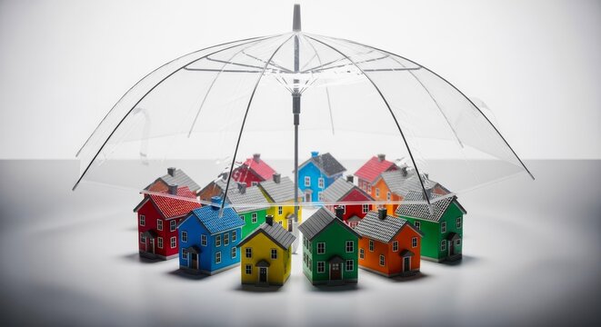 Colorful miniature houses under a clear umbrella, symbolizing home protection and insurance