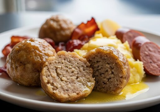 Closeup of a traditional danish meal with frikadeller meatballs, mashed potatoes, bacon, and sliced sausage