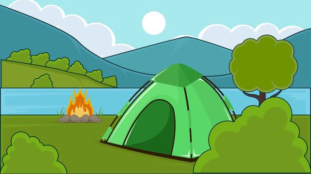 camping scene with a green tent landscaped cartoon animation backgrounds video . Campfire Mountain Lake Outdoor Adventure Nature Camp for holiday or recreation animated footage