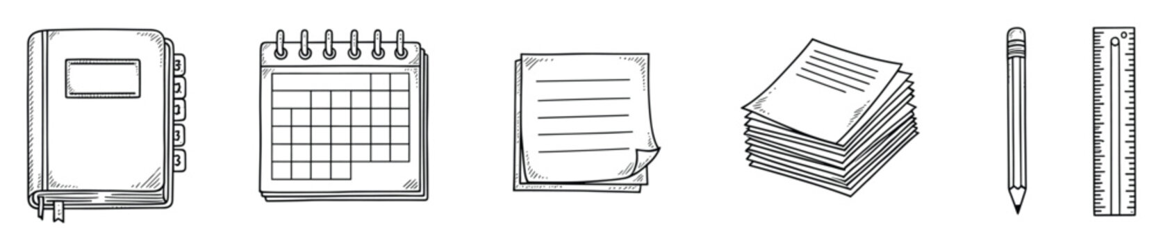 Essential school and office supplies collection depicted in a charming handdrawn sketch style, ideal for educational resources, organizational themed content, or stationery product