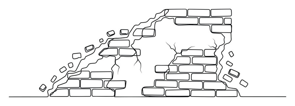 Single continuous line drawing of a crumbling brick wall with cracks and falling bricks, perfect for illustrating structural damage, demolition, and architectural decay in design projects.