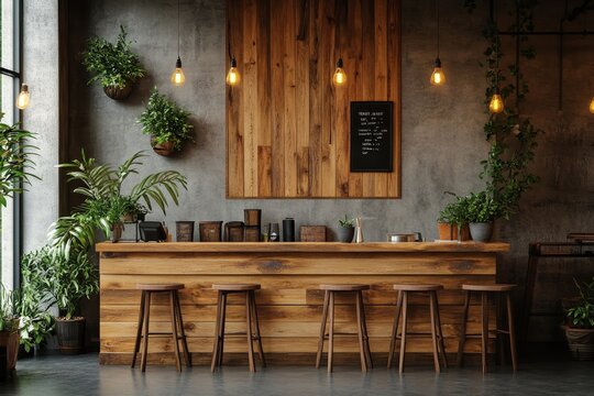 Wooden cafe interior with chairs in a row and a table, complemented by a mock-up frame for a customizable design, Generative AI