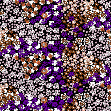 Seamless floral pattern featuring a charming mix of stylized flowers, leaves, and heart shapes on a rich dark background, designed in a playful flat vector style with soft pastel tones&mdash;perfect for fab