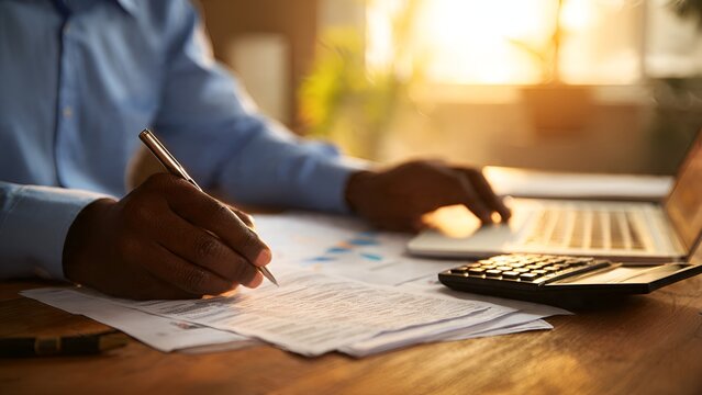 Business person hands working on tax return form with calculator laptop and financial documents on desk