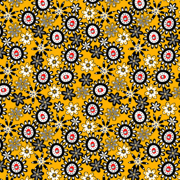 Seamless floral pattern featuring a charming mix of stylized flowers, leaves, and heart shapes on a rich dark background, designed in a playful flat vector style with soft pastel tones&mdash;perfect for fab