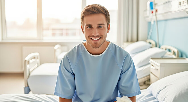 Young man smiling while sitting on hospital bed in patient gown  