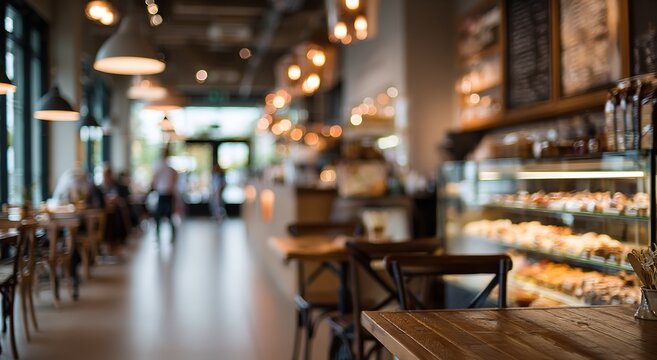 Blurred interior of a chic artisan bakery cafe featuring rustic wooden furniture and illuminated glass pastry displays under soft ambient golden lighting