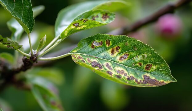 Diseased apple tree leaf displaying necrotic brown spots and yellow chlorotic edges against a soft blurred garden background in natural daylight settings