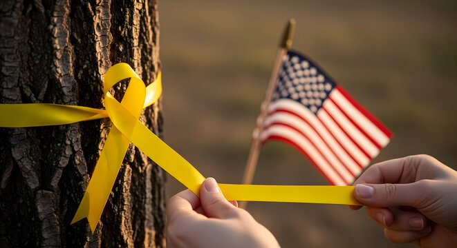 Memorial day remembrance american flag and yellow ribbon tied to a tree