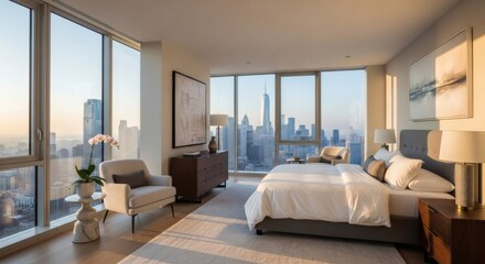 Fototapeta premium Luxurious Modern Bedroom with Panoramic New York City Skyline View
