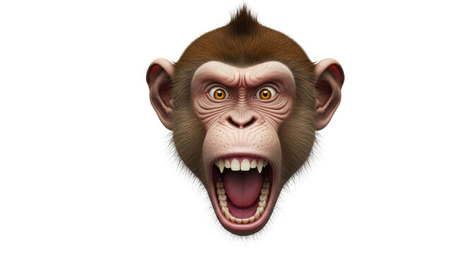 Angry chimpanzee head with open mouth and sharp teeth, aggressive monkey face illustration, realistic primate portrait for gaming and mascot design isolated PNG with Transparent Background