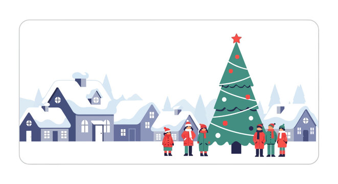 Festive winter landscape with people and a christmas tree silhouette on transparent background