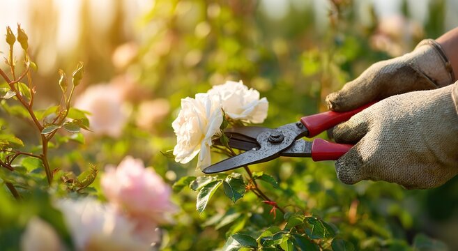Gardener wearing worn protective gloves uses sharp red handled pruning shears to carefully trim a blooming white rose bush in a sunlit outdoor garden