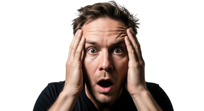 Stressed man with hands on head looking shocked, overwhelmed male professional feeling panic and anxiety, surprised person with mouth open isolated PNG with Transparent Background