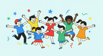Naklejka premium Diverse Group of Happy Children Jumping and Celebrating Together.