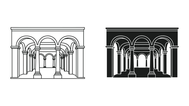 Architectural drawing of ancient roman colonnade with arches in black and white