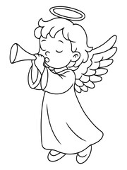 Fototapeta premium Angel's Harmony: A charming angelic figure serenades with a trumpet, wings outstretched, against a soft, ethereal backdrop. A scene filled with faith, peace, and heavenly melody.