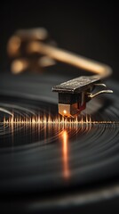 Obraz premium Close up of a turntable stylus playing a vinyl record with glowing sound waves