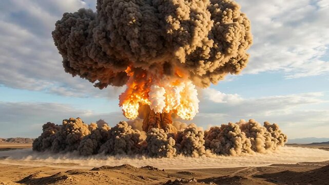 Nuclear explosion mushroom cloud fireball over desert battlefield showcasing military warfare control autonomous AI command programming with intense smoke plume and powerful detonation sky blast wave