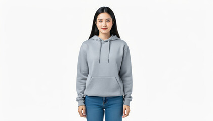 Serene Portrait: Capturing a woman in a casual gray hoodie with her hands by her sides.