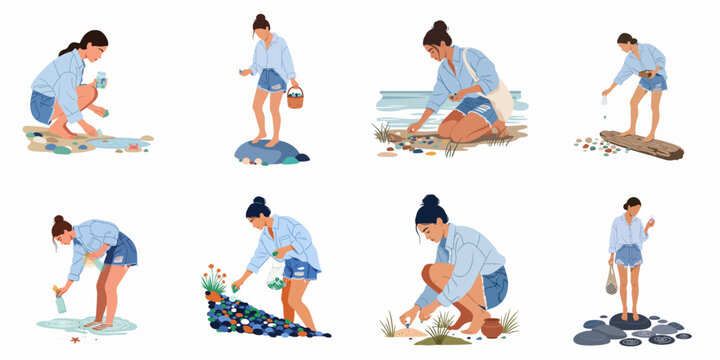 Set of illustrations depicting a young woman collecting sea glass and colorful stones on a sandy beach during a summer vacation.