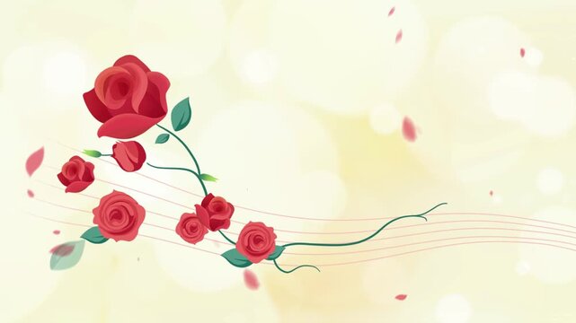 Elegant illustration of vibrant red roses with green leaves and flowing stems arranged beautifully on a warm bokeh background.