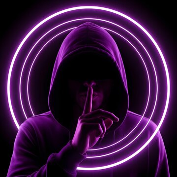 Mysterious hooded figure with neon purple light circles.