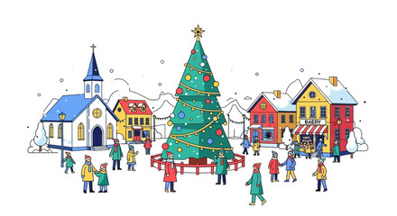 Fototapeta premium Festive winter town scene with a christmas tree silhouette on transparent background