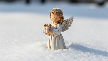 Fototapeta premium Guardian Angel in Snowy Embrace: A delicate, porcelain angel figurine stands gracefully amidst a pristine blanket of snow, tenderly holding a gift box, its presence evoking feelings of warmth.