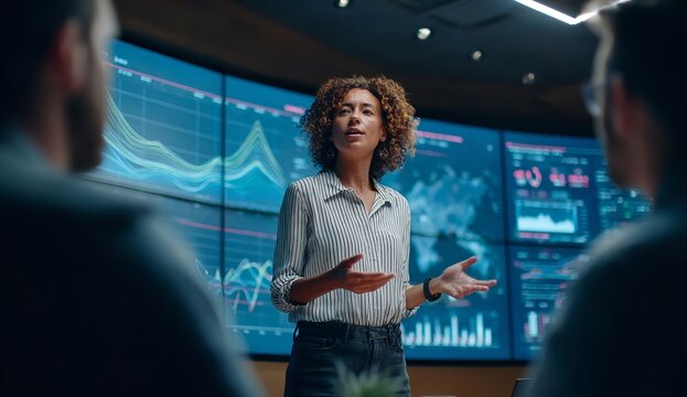 Professional female analyst presents complex financial data trends to colleagues in a modern high-tech boardroom illuminated by vibrant blue neon light