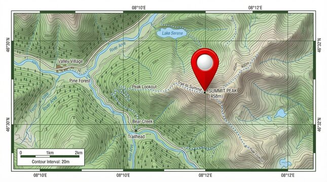 The topographic map displays a location marker on a landscape with rivers and mountains.