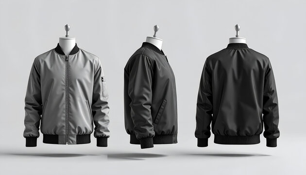 Three mannequins display bomber jackets front, side, and back views, showcasing design