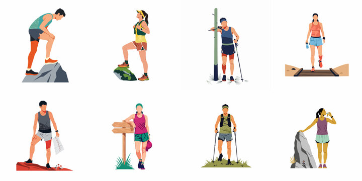 Flat Illustration Set of Diverse Men and Women Hiking and Trail Running in Various Outdoor Settings and Poses