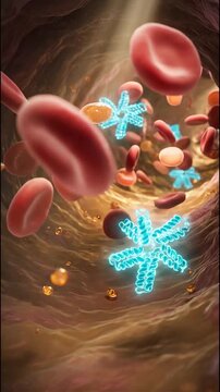 Cinematic 3D microscopic medical animation showing insulin and glucose molecules circulating alongside red blood cells inside a human blood vessel for blood sugar regulation concepts