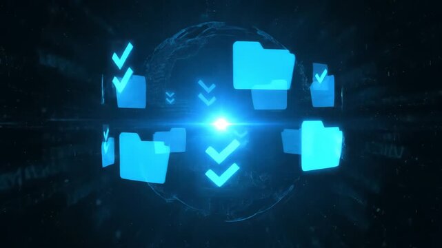 Digital Data Management System with Glowing Blue Icons and Lens Flare.