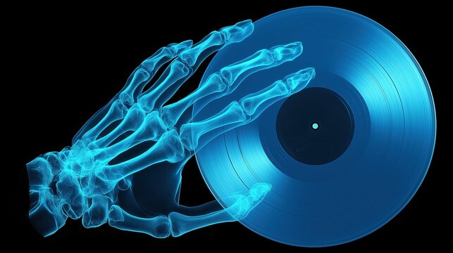 A glowing blue x ray skeleton hand gently holding a vinyl record music