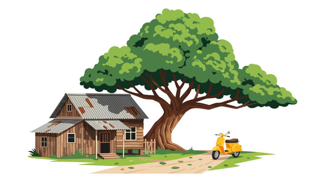 Old house with a tree and scooter digital illustration on transparent background silhouette