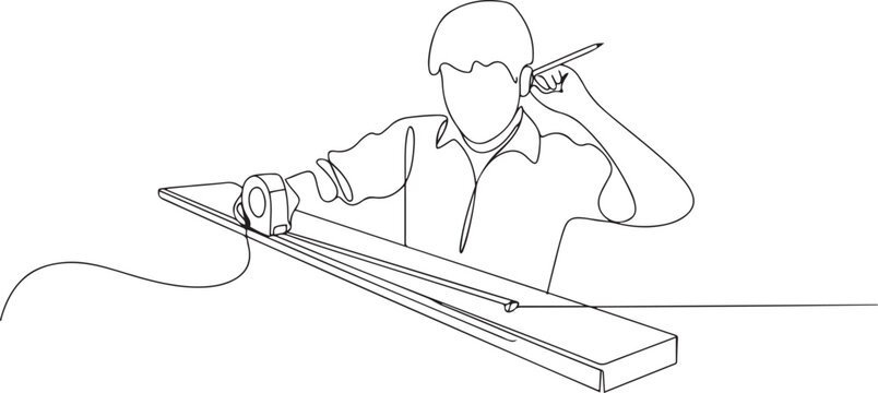 Continuous one line drawing young carpenter measuring wooden board using measurement tape, ruler, pencil. one line art icon drawing vector