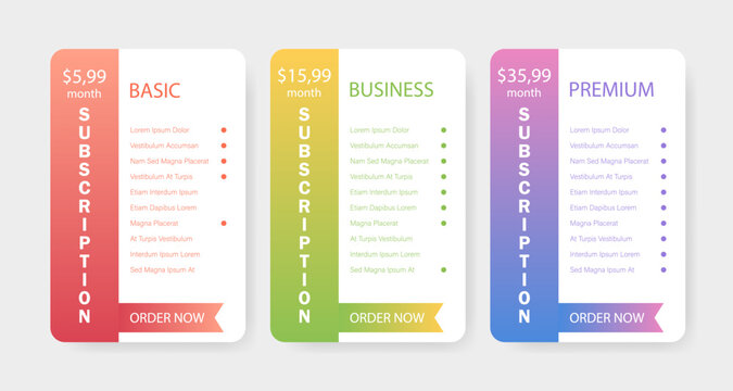 Set of three subscription pricing plan tables. Basic, business, and premium service options comparison banners with buttons and lists. Clean modern layout for SaaS platforms, digital services, hosting
