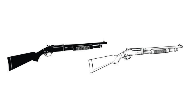 Black and white illustration depicting two pump action shotguns in profile