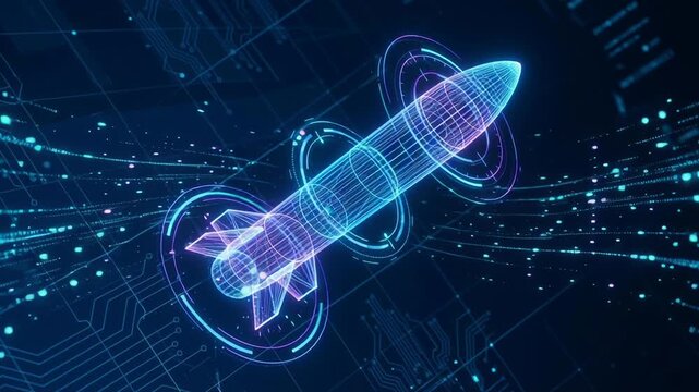 AI command programming controls autonomous military missile warfare battlefield with advanced technology digital precision strategic defense attack operations holographic missile projection