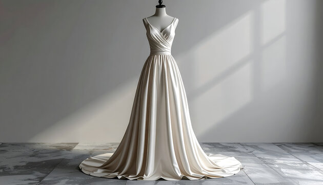 Elegant ivory gown on a mannequin, with a flowing skirt and a fitted bodice