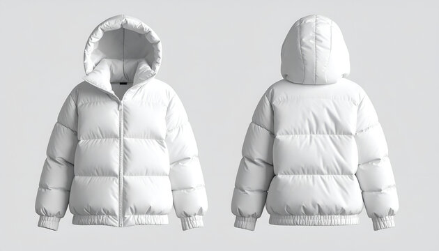 Front and back views of a puffy, white winter jacket with a large hood