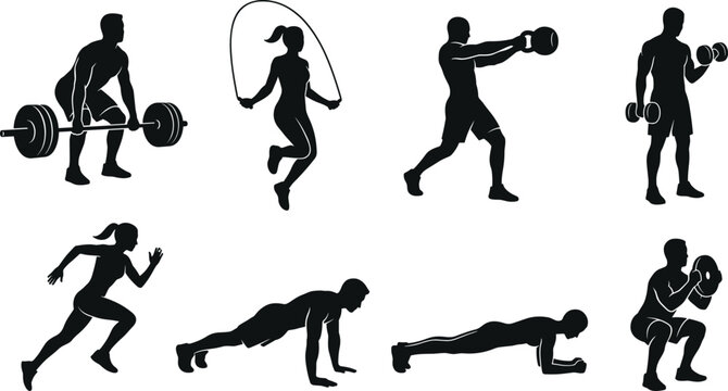 Collection of fitness exercise icons featuring people doing deadlifts, jump rope, kettlebell swings, bicep curls, running, pushups, planking, and goblet squats.