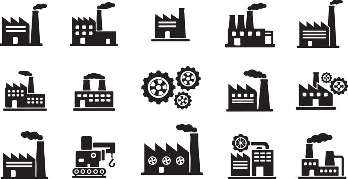 Industrial Factory Buildings and Machinery Icons Set