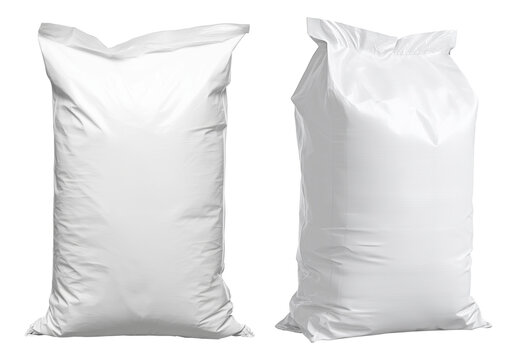 Two blank white plastic woven bags or fertilizer sacks isolated on transparent background. Perfect for packaging design mockup.