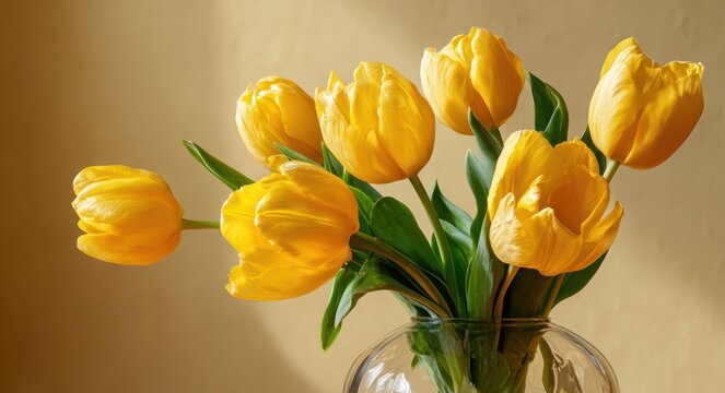 Bright yellow tulips arranged in a clear glass vase on a neutral beige background