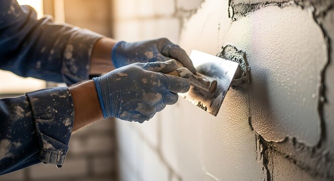 Craftsman's Hands Smoothing Cement on Block Wall, Perfecting Indoor Surface