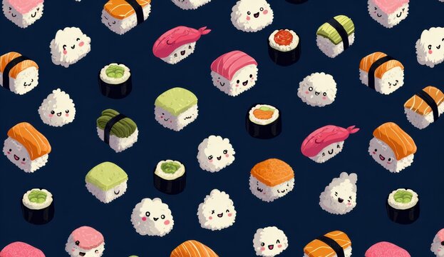 Cute kawaii vector illustration of assorted sushi pieces with various toppings and colors